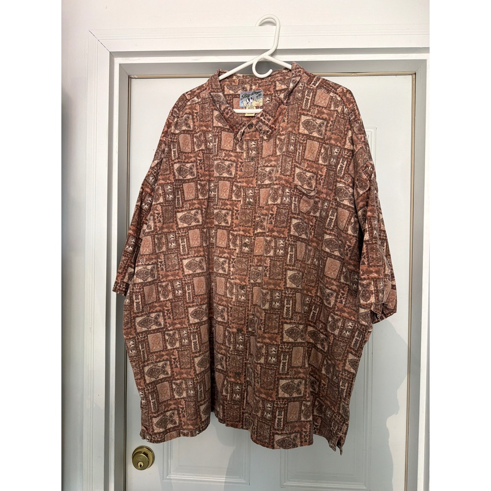 Big Dogs Mens 5X Brown Tribal Fish Print Cotton Short Sleeve Button Down Shirt